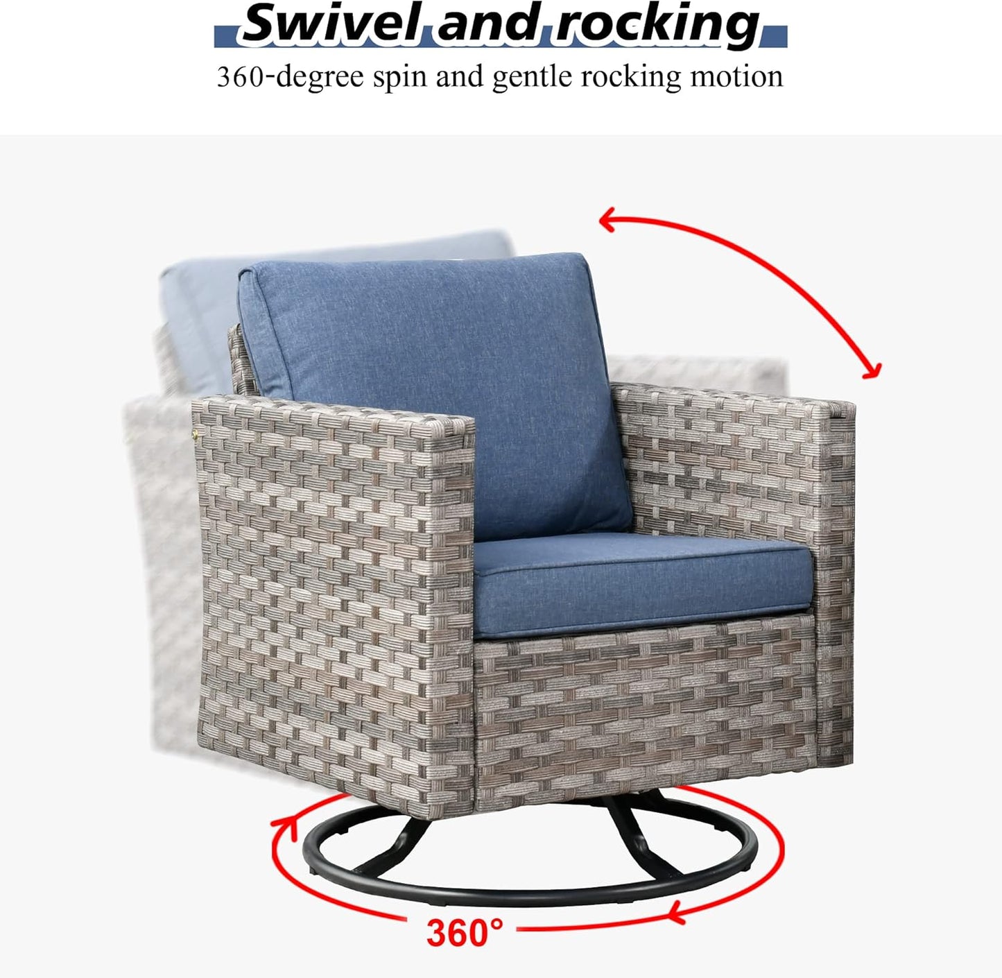 HOOOWOOO 9 Piece Modular Patio Outdoor Sectional Furniture Set with Large Propane Fire Pit Table,Wicker Conversation Sofa Set with Swivel Chairs,Outside Couch Set(Denim Blue)