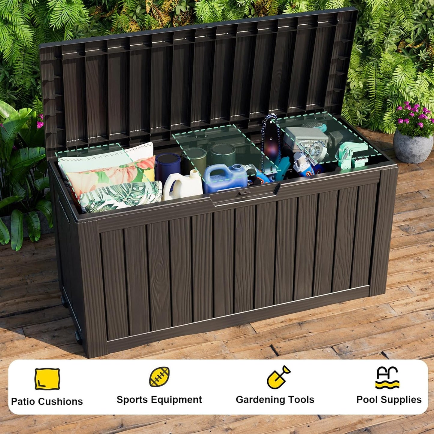 75 Gallon Resin Deck Box, Lockable Outdoor Storage Box for Patio Cushions Storage Furniture,Garden Tools, Pool Supplies, Weatherproof and UV Resistant（Black）