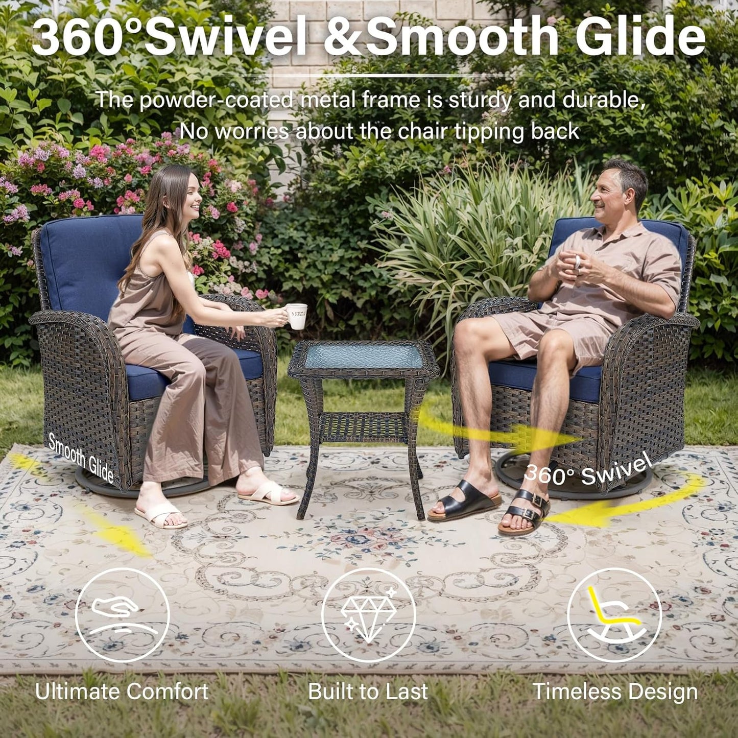 5 Piece Outdoor Patio Furniture Set with Deep Seating Swivel Rocker Chairs Loveseat and Rattan Coffee Table Outdoor Conversation Sets for Deck Backyard Poolside