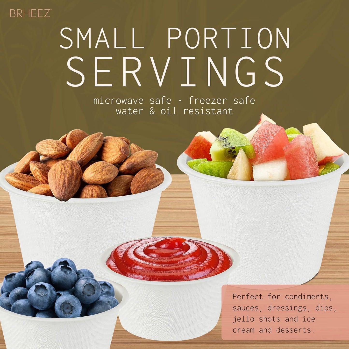 brheez 4 oz - Pack of 100 Disposable Bagasse Fiber Souffle Cups , 100% Natural Biodegradable & Compostable , Perfect for Condiments Small Portion & Samples Eco Friendly Paper Alternative - White