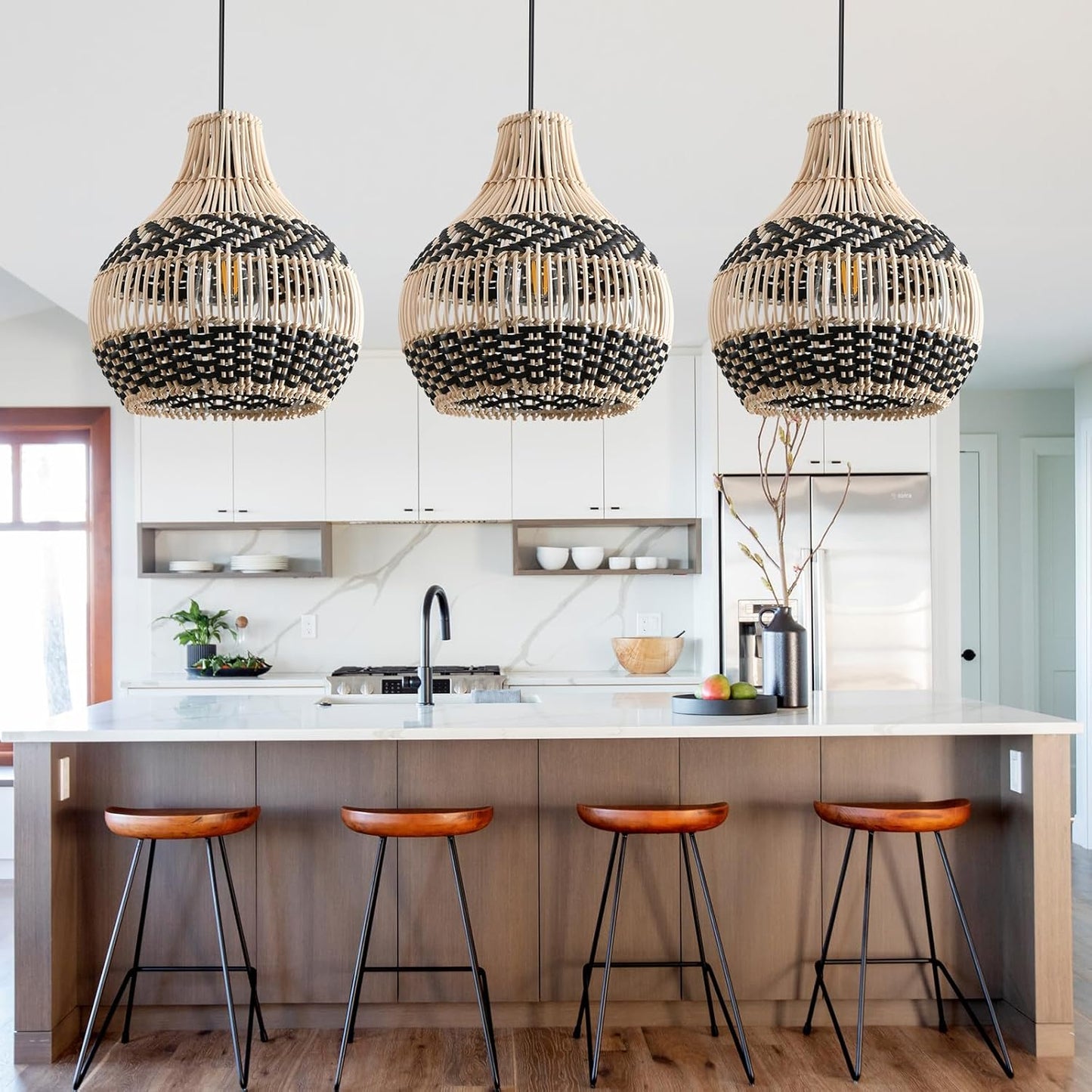 3-Pack Fax Rattan Pendant Light Fixture Mini Hand-Woven Black White Rattan Chandelier 10.24" Boho Wicker Hanging Lamp for Dining Living Bedroom Kitchen Farmhouse