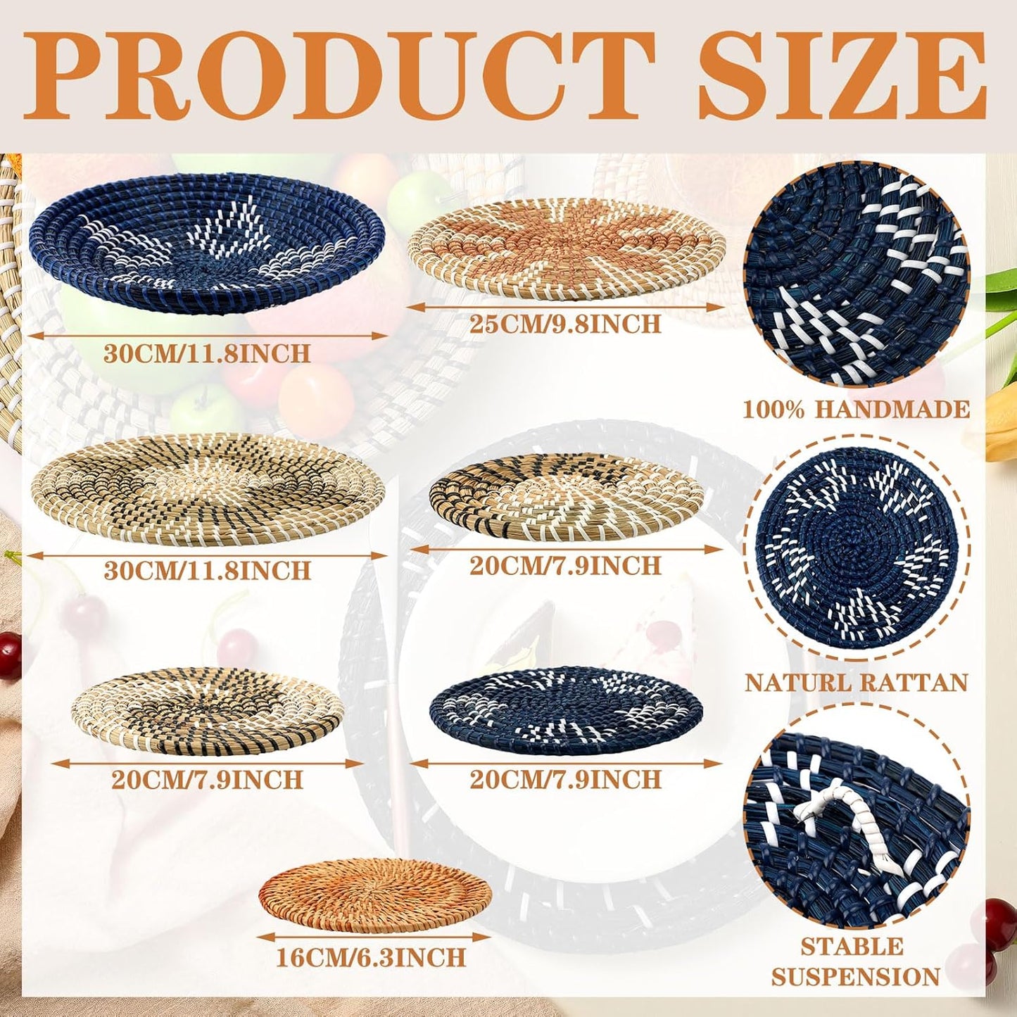 Xuhal Set of 8 Hanging Woven Wall Basket Handmade Decorative Rustic Boho Basket Decor Handcrafted Wicker Round Seagrass Wall Art for Home Kitchen Farmhouse Table Living Room