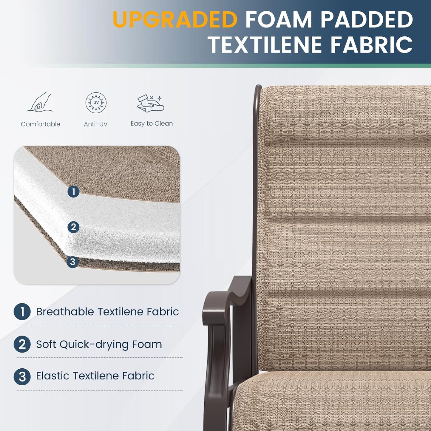 Amopatio Padded Patio Swivel Chairs Set of 2, Outdoor Dining Chairs with Ultra Soft Textilene High Back Seat & Metal Rocker Frame, for Backyard Deck Lawn, Brown