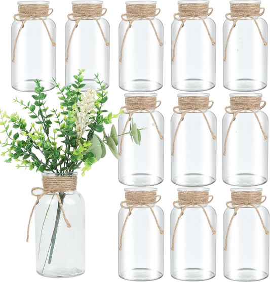 Vintage Glass Flower Vase，12 Pack Farmhouse Transparent White Glass Centerpiece Vases Mason Jars for Weddings, Parties & Home Decor Bulk (12, Transparent)