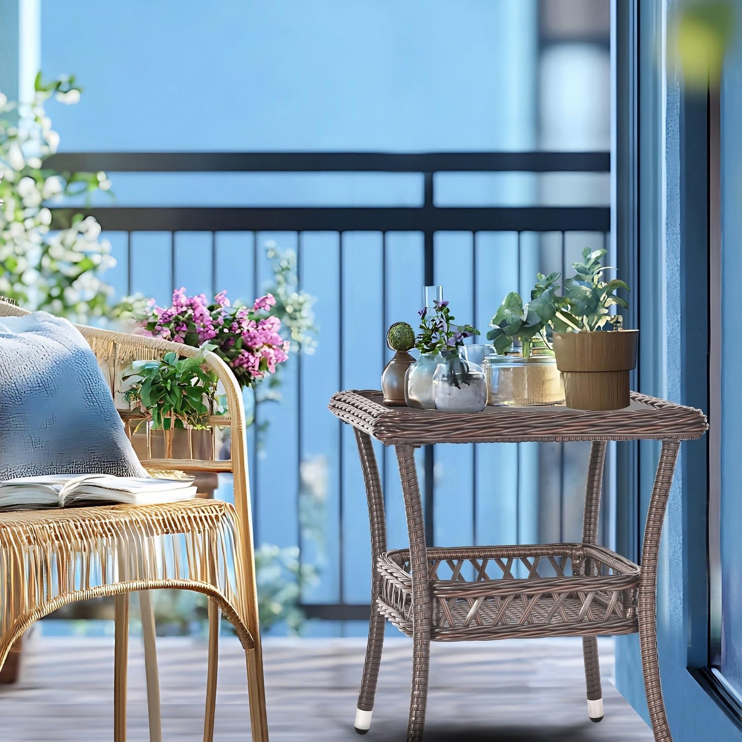 Outdoor Side Table Patio Wicker Coffee Table Outdoor End Table Rattan Bistro Table with Storage & Black Glass Table Top Square for Outside Balcony Porch Backyard Deck Brown