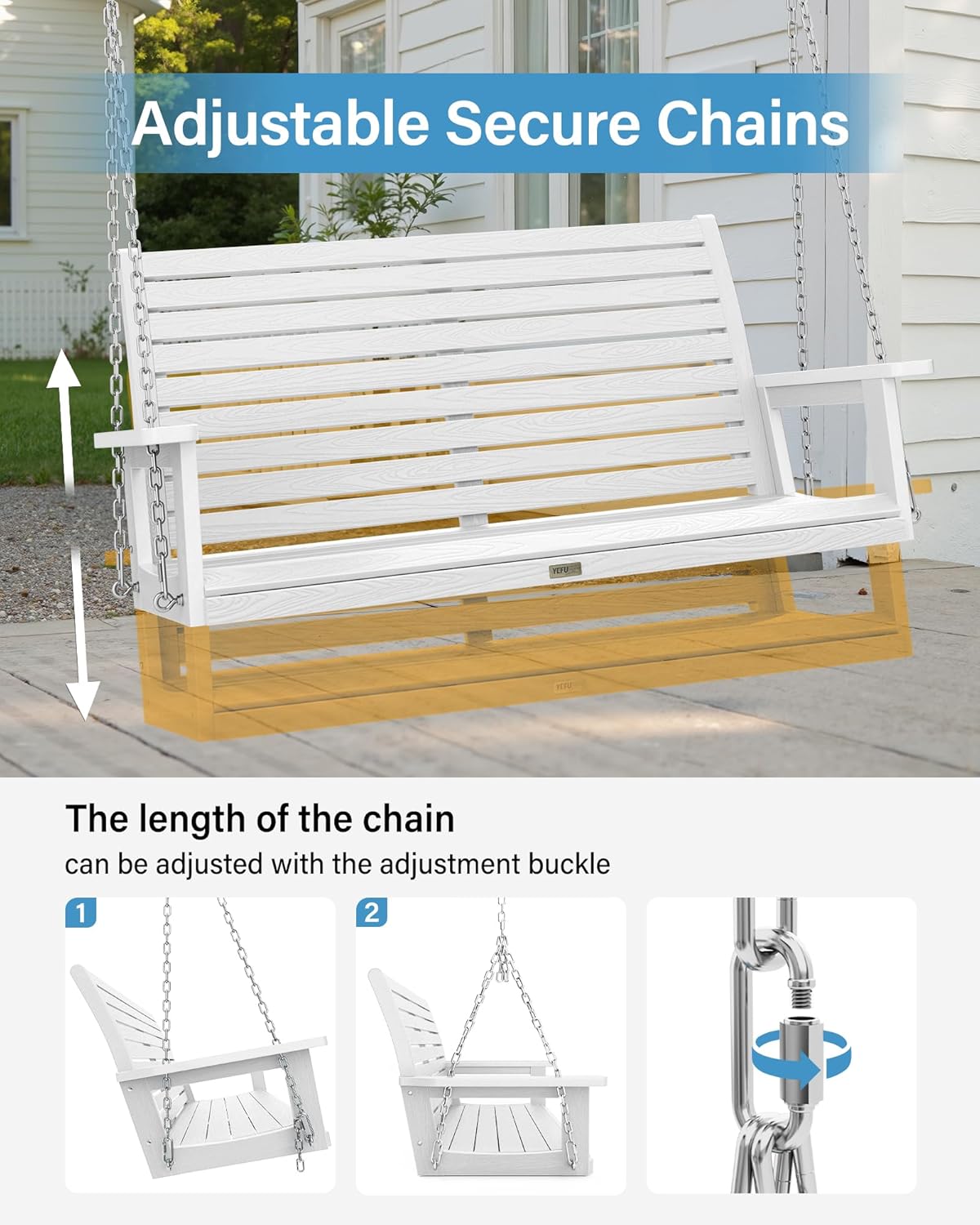 YEFU Porch Swing, 2-Seat Outdoor Swing, Waterproof Hanging Porch Swings Chair, Weather Resistance Patio Swings,for Garden and Backyard,Composite Material,660LBS Weight Capacity,4FT,White