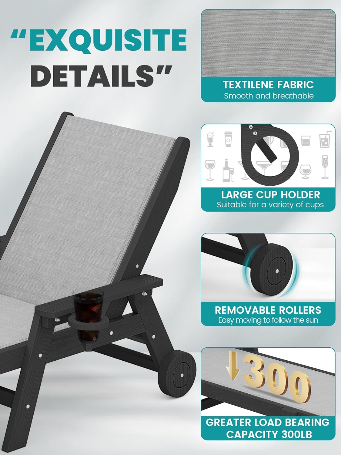 SERWALL Patio Chaise - 5 Position Outdoor Textilene Lounge Chair with Rolling Wheels for Poolside, Deck, Black