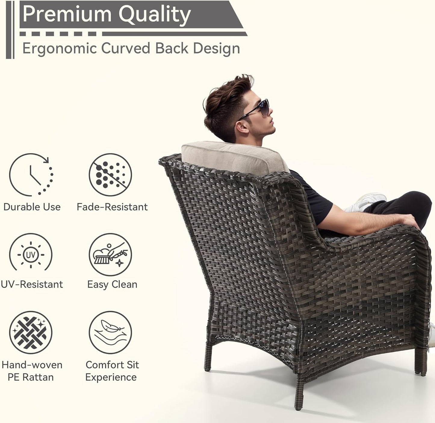 3 Pieces Outdoor Patio Chairs Set - Wicker Patio Conversation Sets with 1 Side Table, Olefin Fabric Cushions Suitable for Backyard Deck and Porch,Beige