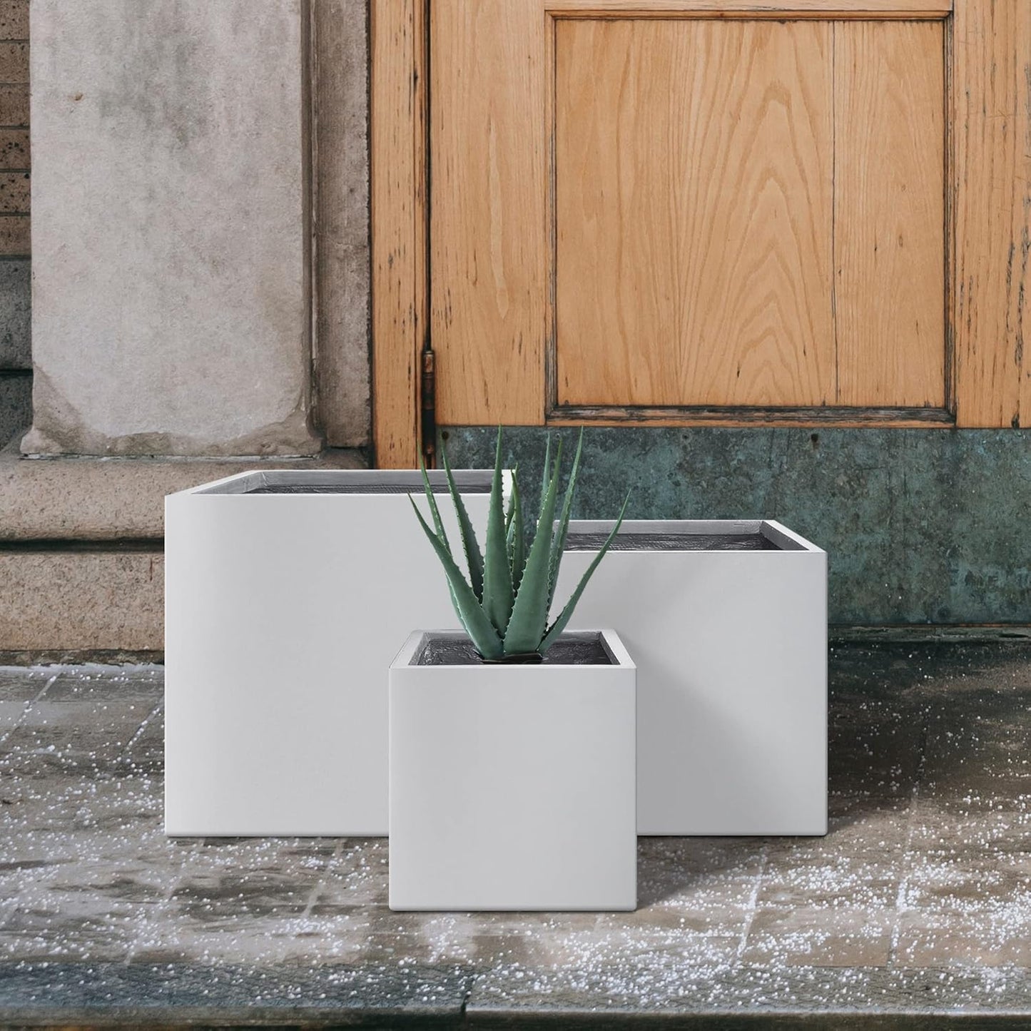 Kante 16",12",10" Square Concrete Planters Set of 3 for Outdoor Indoor Home Patio Garden, Large Plant Pot with Drainage Hole and Rubber Plug, Pure White