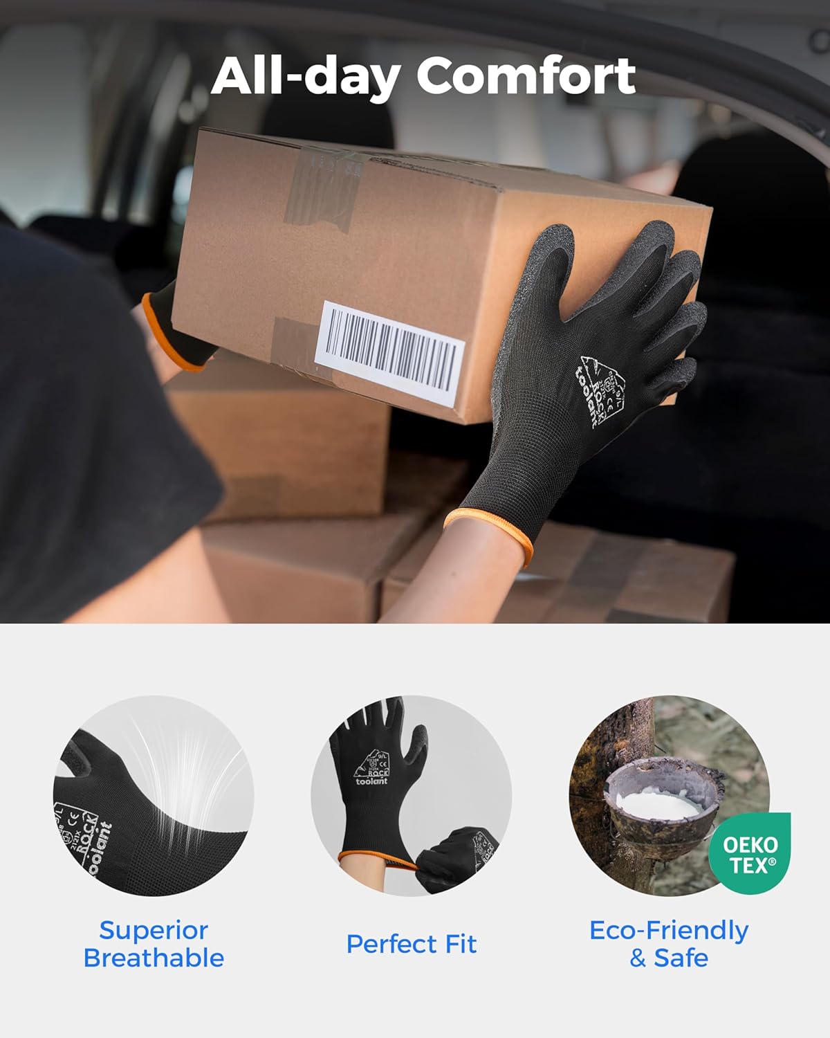 toolant Crinkle Latex Work Gloves Bulk, Rubber Coated Safety Work Gloves for Men and Women, 12 Pairs for Construction, Gardening, Warehouse (Black, XXL)