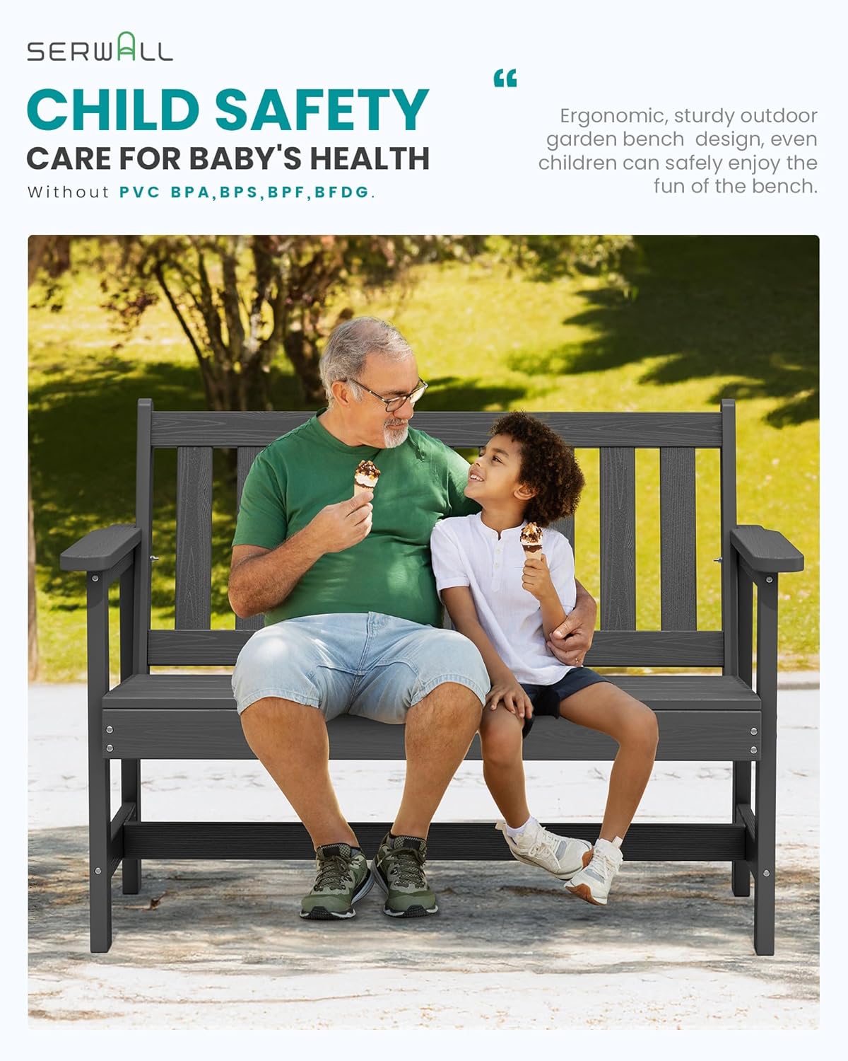 SERWALL Outdoor Bench, HDPE Outdoor Benches Weatherproof, 2-Person Garden Bench with 660 lbs Weight Capacity, Patio Benches for Outdoors, Garden, Porch, Backyard and Park, Grey, 2 Pack