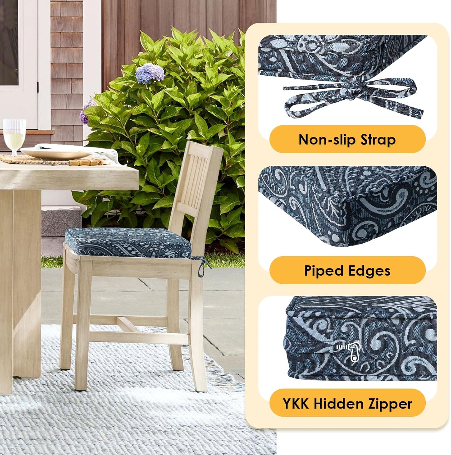 Outdoor Square Corner Seat Cushion, 18.5"x16"x3", Set of 4, Non Slip Seat Cushion Pads with Removable Cover for Patio Furniture, Garden Yard Lawn, Damask Vine