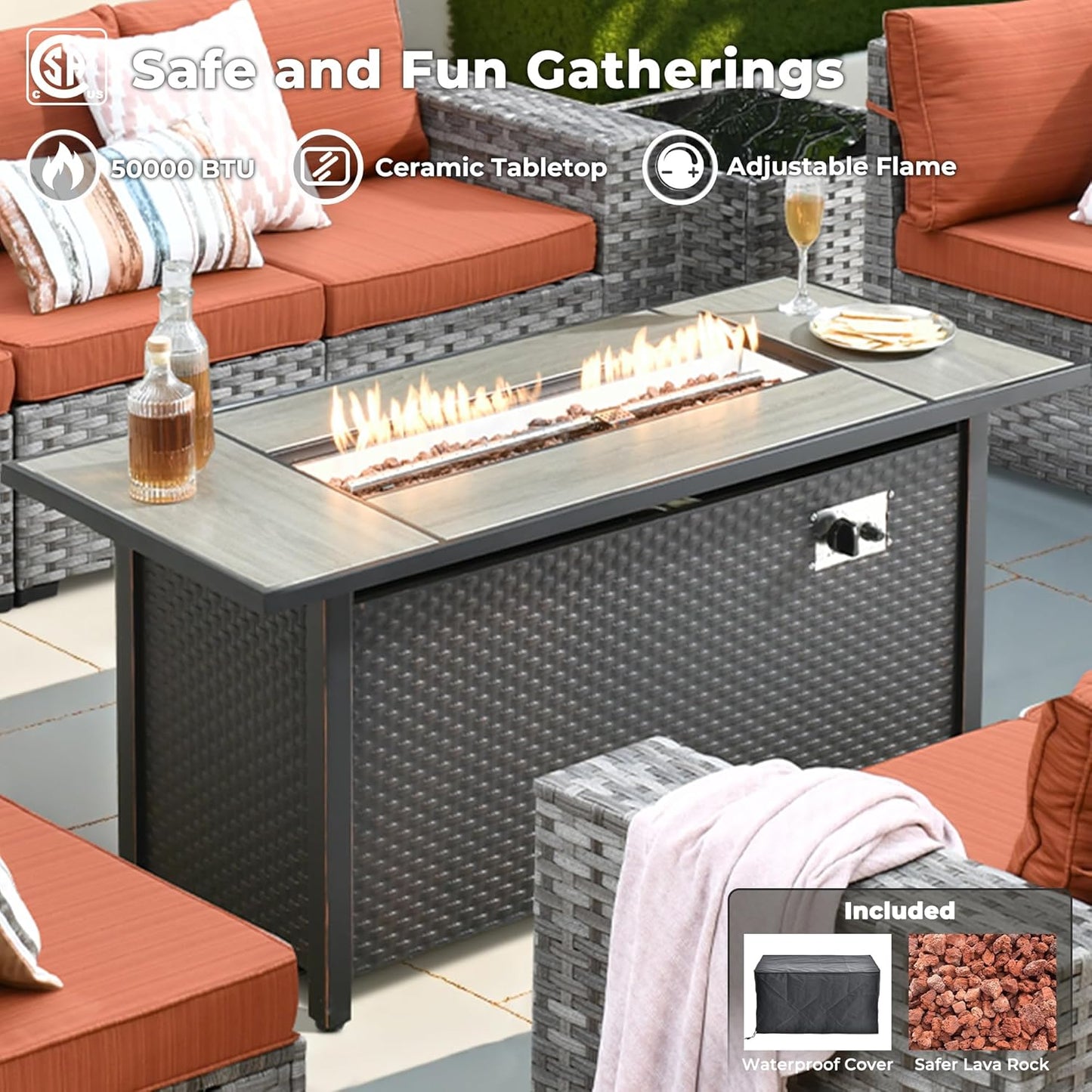 ovios 16 Pieces Patio Furniture Set, Outdoor Wicker Sectional Sofa with 54" Fire Pit Table Swivel Chairs, Modern Modular Deep Seat Rattan Couch Conversation Sets, Orange Red