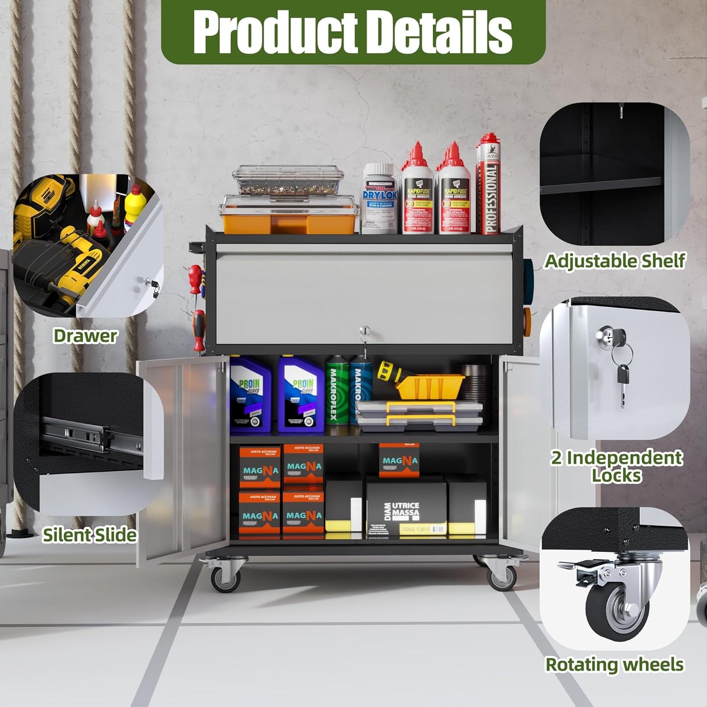 Metal Storage Cabinet on Wheels with 1 Drawer, Rolling Steel Garage Tools Cabinet with Side Pegboard &4 Hooks & 1 Adjustable Shelf for Garage,Shop,Home,Gray/Black, Assembly Required