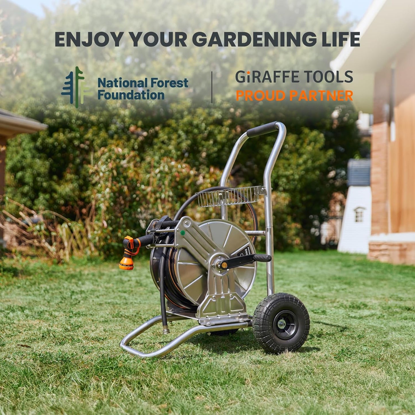 Giraffe Tools Garden Hose Reel Cart with Wheels, Stainless Steel Heavy Duty Water Hose Reel Cart, 200 ft of 1/2 Capacity, Mobile for Outside