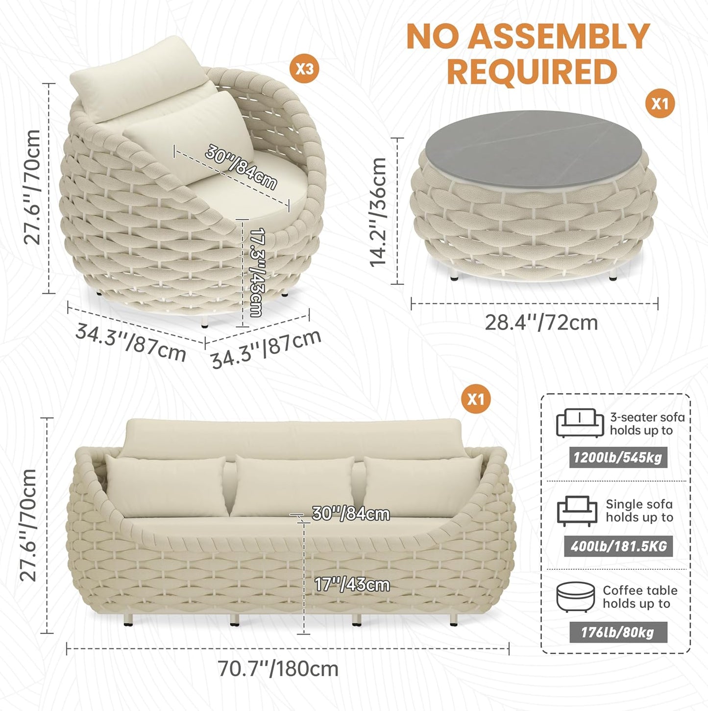 Woven Rope Outdoor Sofa Set: 5 Pieces Aluminum Patio Conversation Set Assembled - All Weather Cushioned Porch Furniture Couch - Modern Metal Lounge Set for Deck Yard Resort Hotel Sunroom, Beige