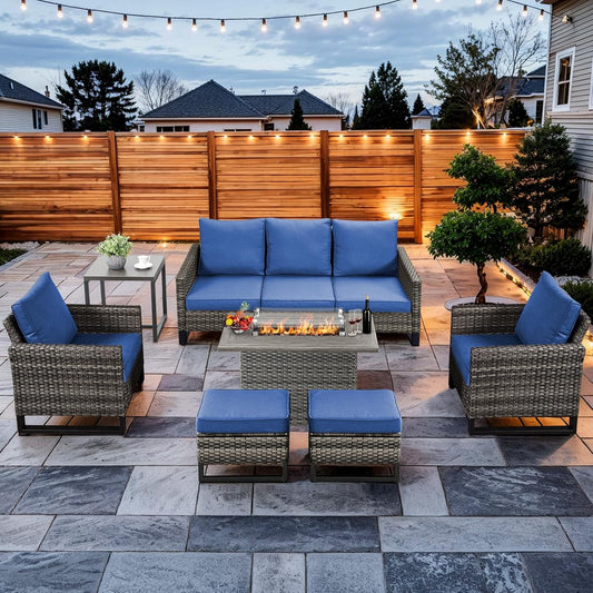 HUMMUH 7 Piece Patio Furniture Set with Fire Pit Table 41in 55,000 BTU,Wicker Outdoor Conversation Sets - Outdoor Chairs Set of 2 Patio Sofa for Porch,Garden,Backyard