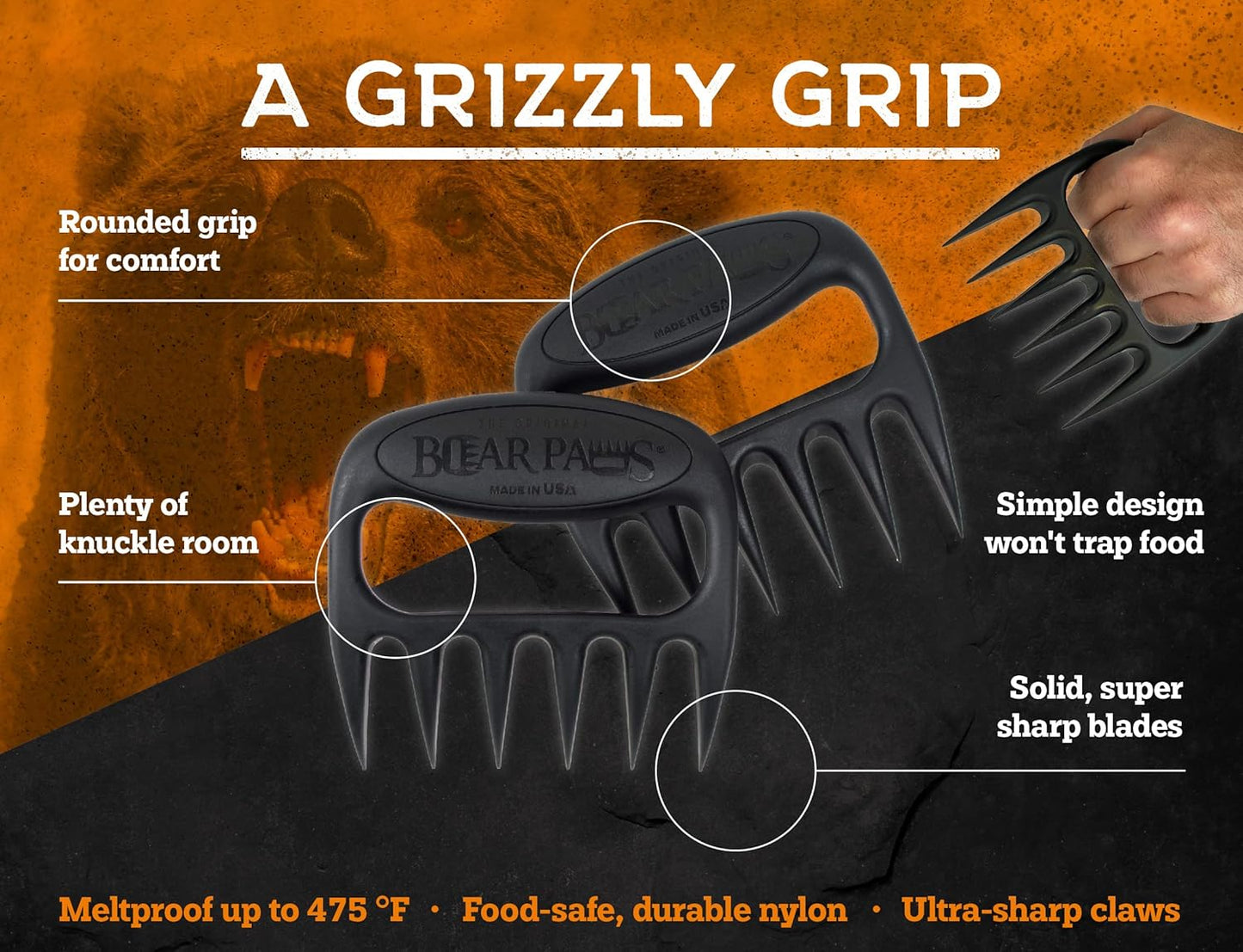 Bear Paws Meat Claws - The Original Meat Shredder Claws for Pulled Pork, USA Made - Easily Lift, Shred, Pull and Serve Pork, Chicken, Brisket and Turkey - Gift for Dad on Father's Day! (Black)