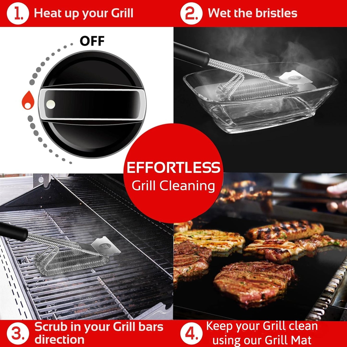KITCHEN PERFECTION Safe Wire Grill Brush for Outdoor Grill w/Grill Scraper & Grill Mat Grill Cleaning Kit -Extended Handle BBQ Brush for Effortless Grill Cleaning Grill Cleaner Brush Barbecue Tools
