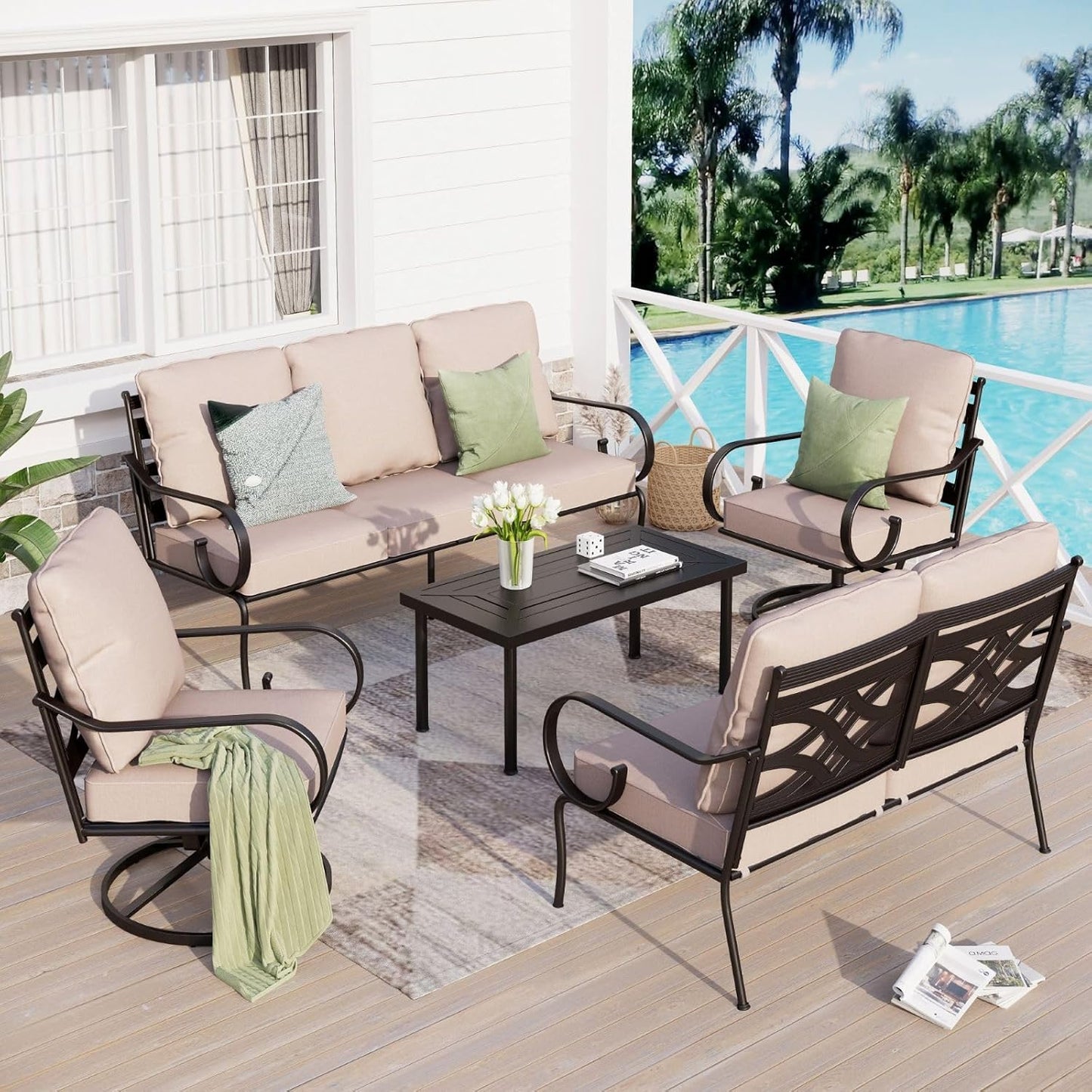 Sophia & William 5 Piece Patio Furniture Set, Outdoor Conversation Sets 7 Seat with 3-seat Sofa x 1, Loveseat x 1, Swivel Chair x 2, Metal Coffee Table x 1 for Porch Lawn, Beige