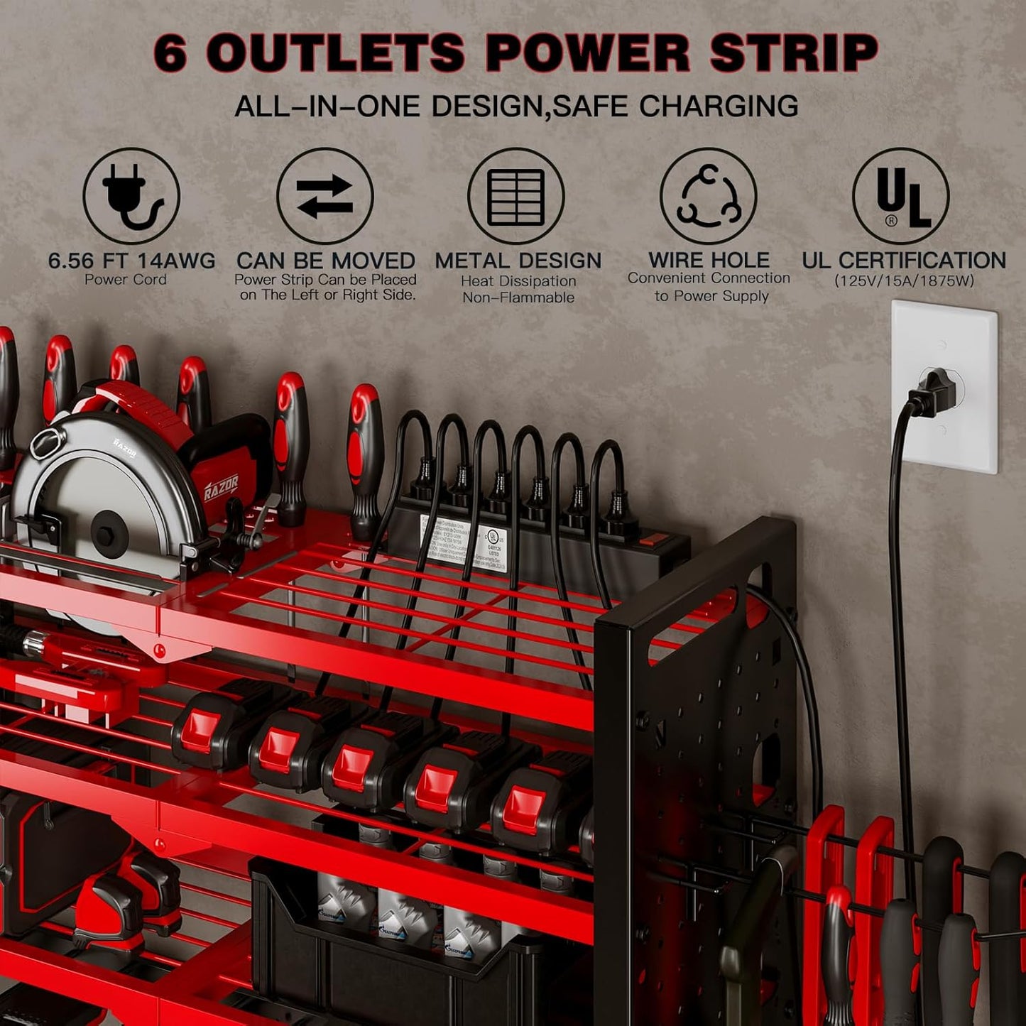 Power Tool Organizer Wall Mount with Charging Station 4 Layer 6 Slot Cordless Drill Holder with Angle Grinder Holder (Red)