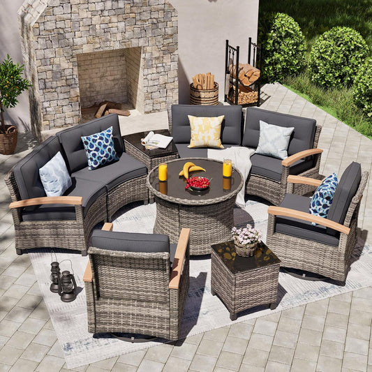 9 Piece Outdoor Patio Furniture Set, Half-Moon Curved Sectional Sofa Rattan Conversation Set with 2 Wood Armrests Swivel Rocker Chairs, Round Coffee Table & Side Table（Grey）