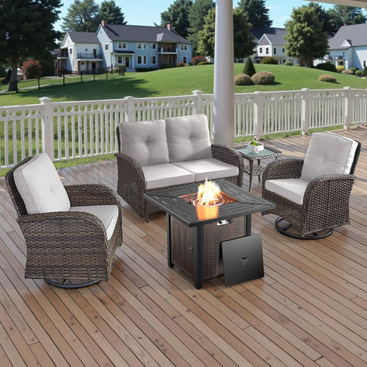 5 Pieces Outdoor Patio Furniture Set with 50000 BTU Propane Fire Pit Table, Deep Seating Wicker Swivel Rocker Chairs and Loveseat Glider Patio Conversation Set for Deck Poolside Backyard Beige