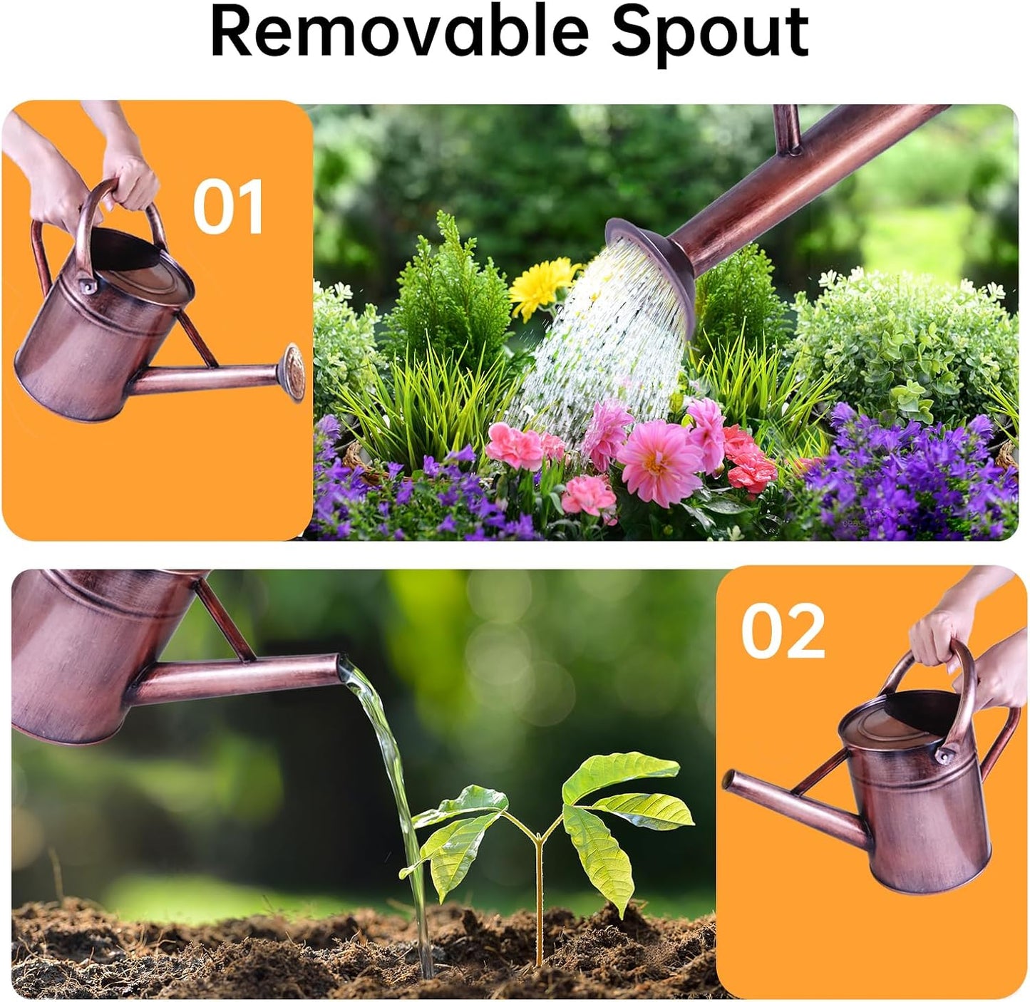 Metal Watering Can for Outdoor Plants, 1 Gallon Galvanized Steel Watering Can with Removable spout for Outdoor & Indoor Use, Perfect for Garden Flower, Houseplants, Copper