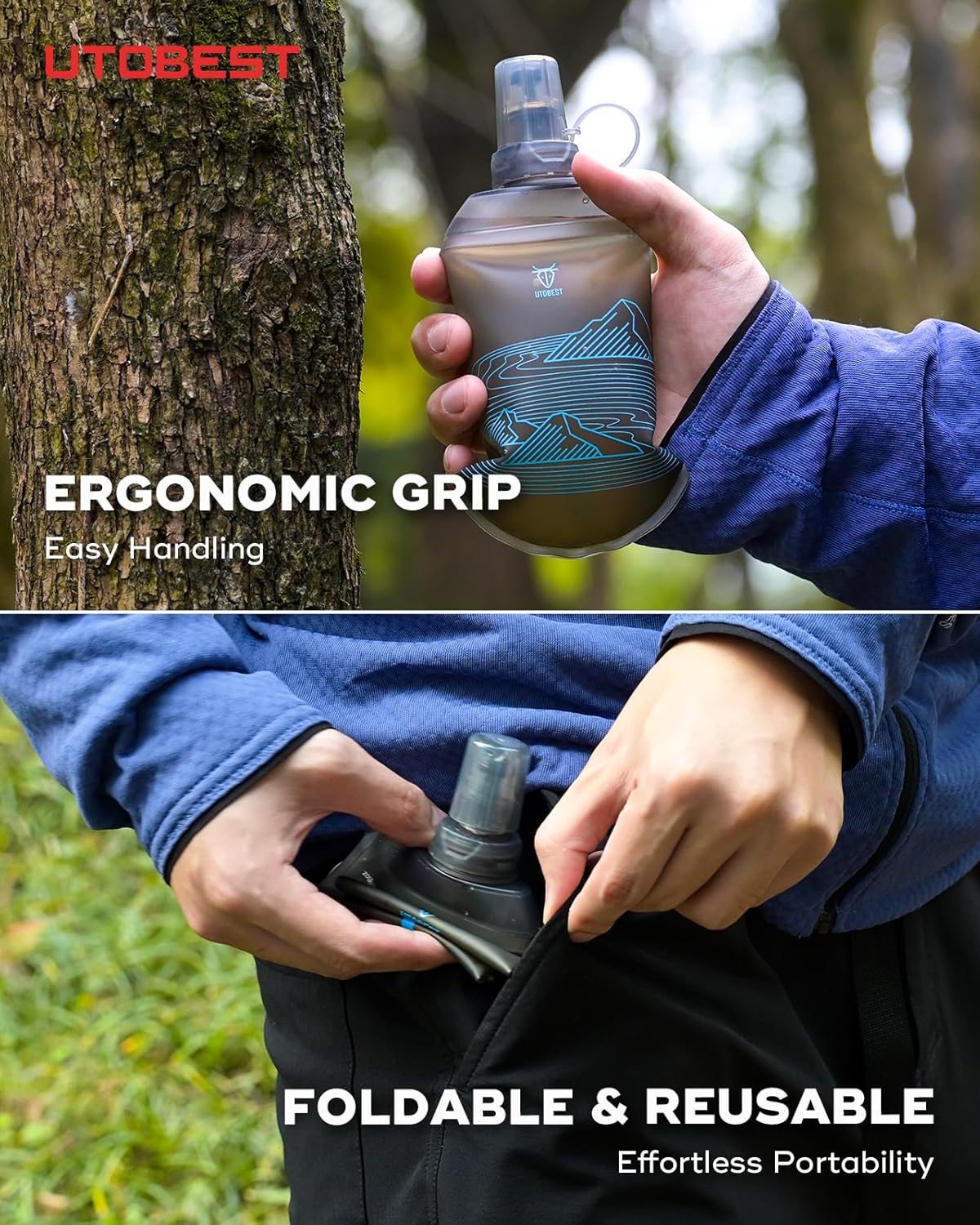 UTOBEST 200ml Soft Flask, 2 Pack Flexible TPU Hydration Water Bottle, Collapsible with 28mm Caliber for Running, Hiking, Cycling, Climbing, and Marathon Blue