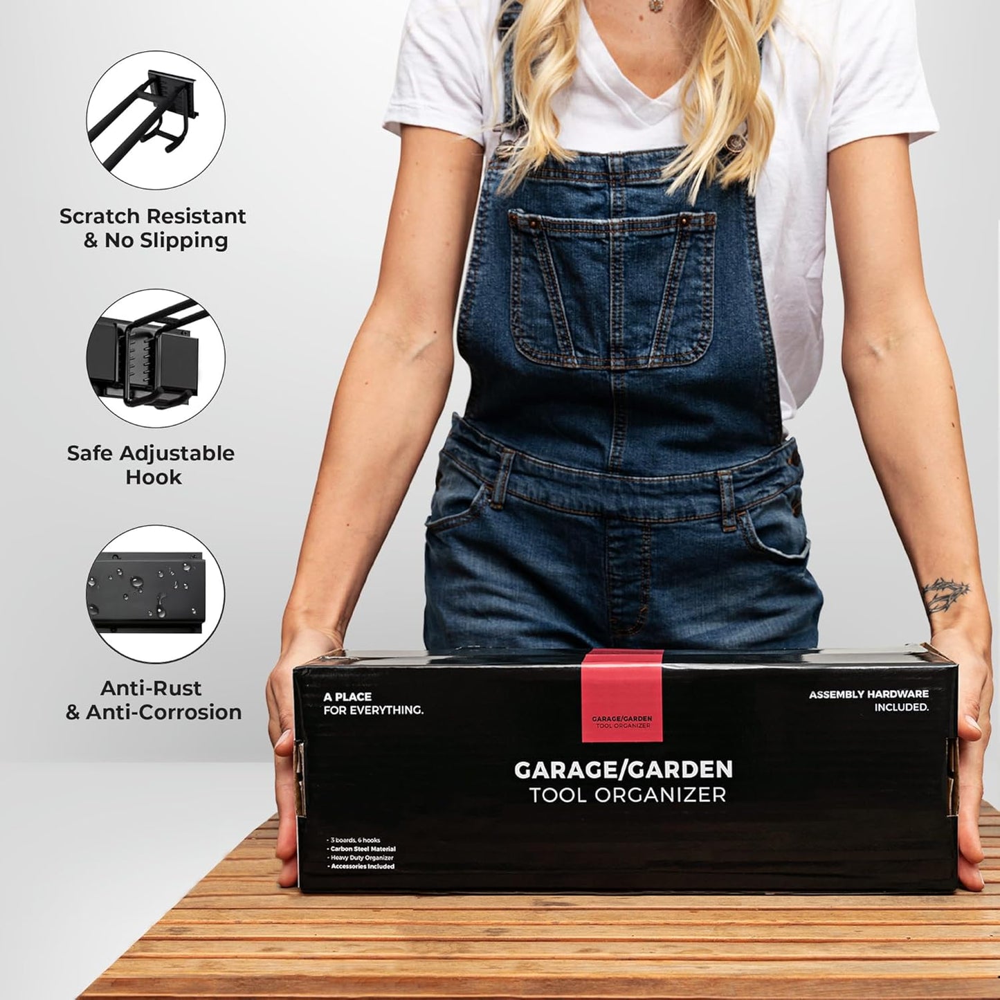 Garage Wall Organizer | 48" Heavy-Duty Tool Storage Rack | Adjustable Double-Layer Hooks | 300 lbs Capacity | Carbon Steel Wall Mount Holder for Shovels, Rakes, Ladders & Power Tools