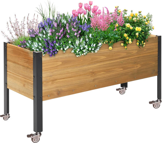 Wood Rectangular Garden Planter Box with Wheel Raised Garden Bed Outdoor,Planters for Outdoor Plants 37 * 13 * 15 Elevated Planter Box for Herbs Vegetables Flowers Outdoor Patio Deck Balcony