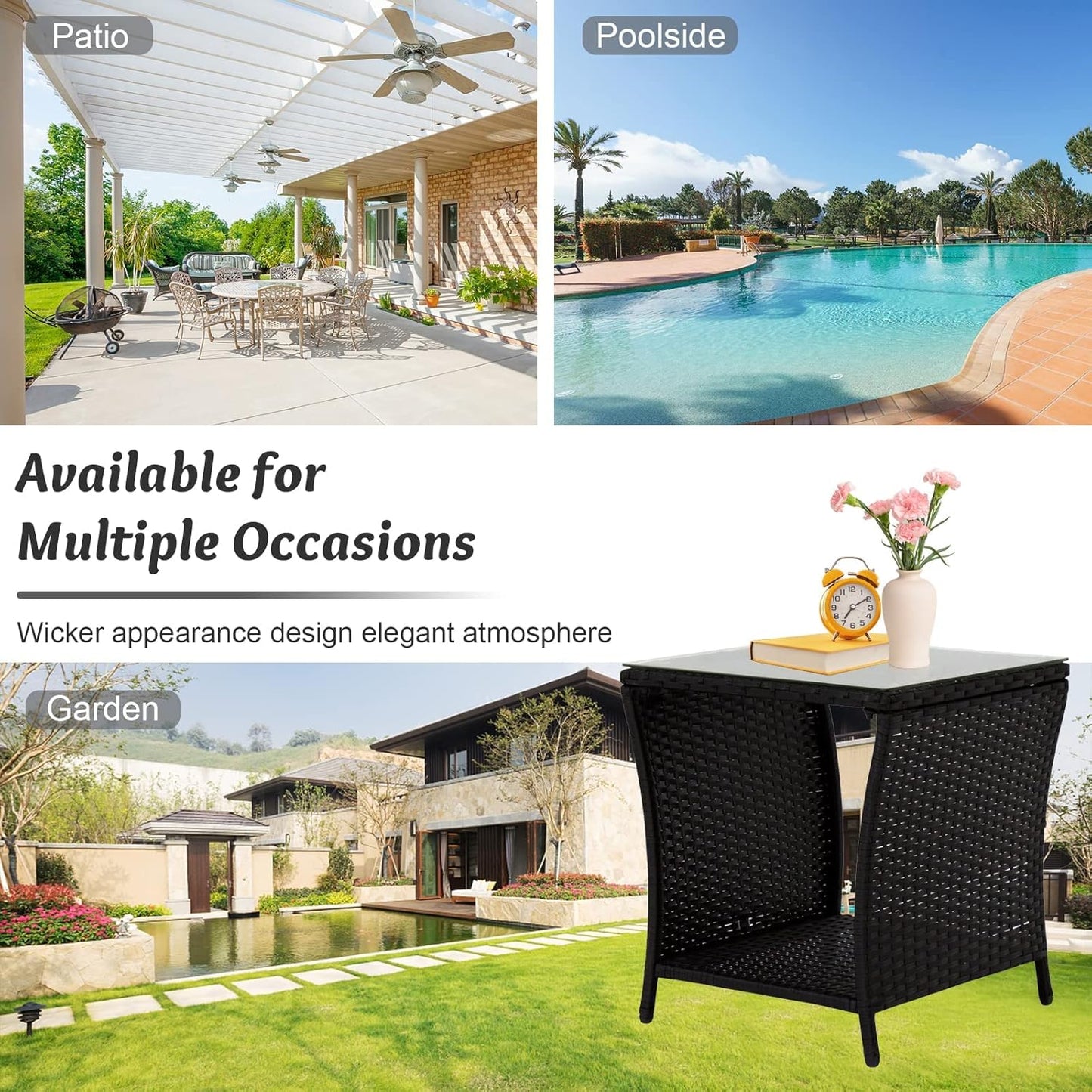 Outdoor Small Patio Table - PE Rattan Coffee Table, Wicker Side Table for Patio, Balcony & Porch, Durable & Iron Frame (2, Dark Black)