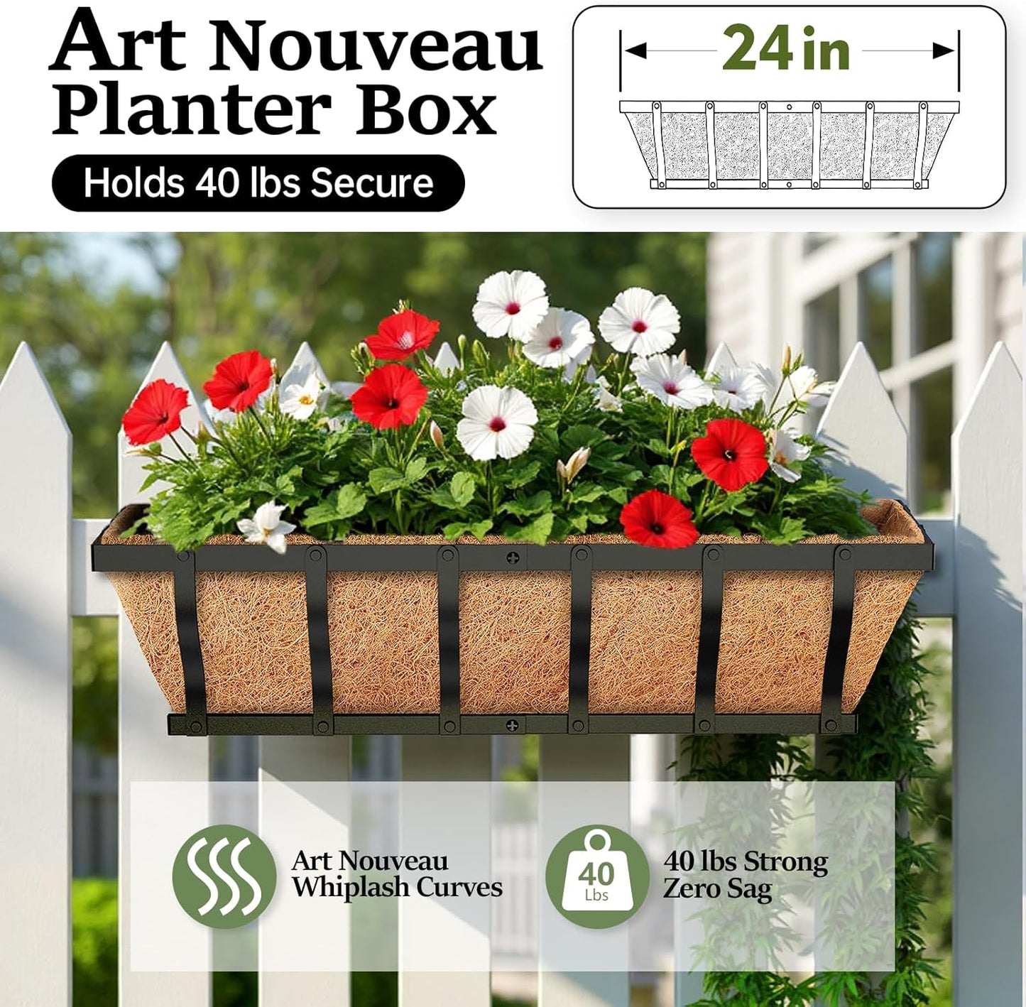 Railing Planter Boxes, Heavy Duty Window Box Planters, Adjustable Balcony Planters for Railing Hanging, with Coco Liner & Support Rod for Deck, Porch, and Patio Gardening (2 Pack, 24 Inch)