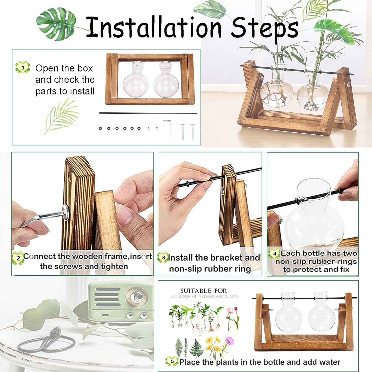 Kingbuy Glass Desktop Planter with Retro Wooden Stand and Plant Terrarium vase (2 Bulbs) for Indoor Office Desk Decor Accessories