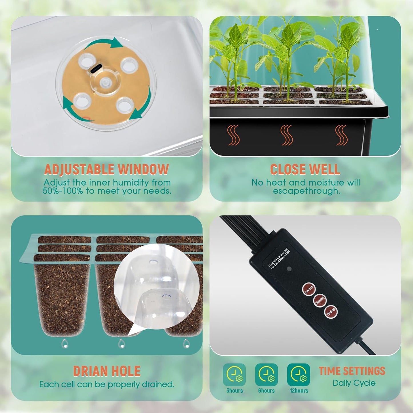 6-Set Seed Starter Tray with Grow Light, Seed Starting Trays Kits with Timing Controller Adjustable Humidity Domes Heightened Lids(12-Cells Per Tray)