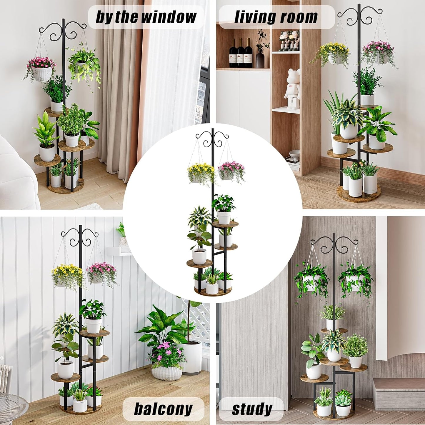 Plant Stand Indoor 5 Tier 8 Potted with hook hanging basket Multiple Flower Pot Holder for Patio Garden Balcony Living Room Corner (5 Tier with hook Black+Rustic Brown)