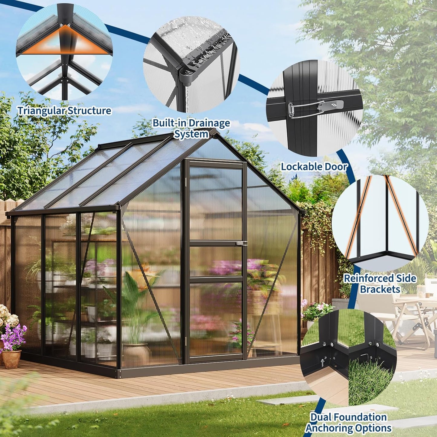 6x6 FT Outdoor Walk-in Greenhouse,All-Season Polycarbonate Garden Greenhouse with Reinforced Aluminum Frame, Roof Vent, Lockable Door & Easy Setup – Includes Ground Nails & Drainage(Black)