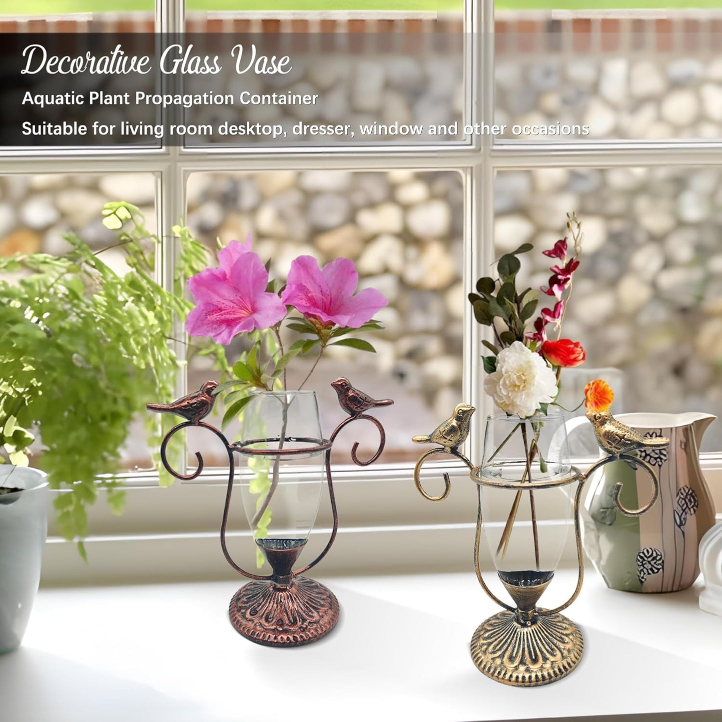 2 Pack Desktop Plant Terrarium,Bird Art Glass Propagation Vase, Propagation Planters with Vintage Metal Frame, Suitable for Decoration of Desktop Hydroponic Plants in Office and Living Room