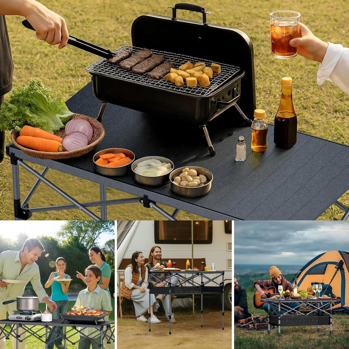 Camping Table Foldable, 2 Adjustable Height 34.2”, Large Roll Up Camping Table Support 264lbs with Storage Basket and Bag, Aluminum Outdoor Table, for Picnic Travel BBQ, 39.4” x 19.7”, Black