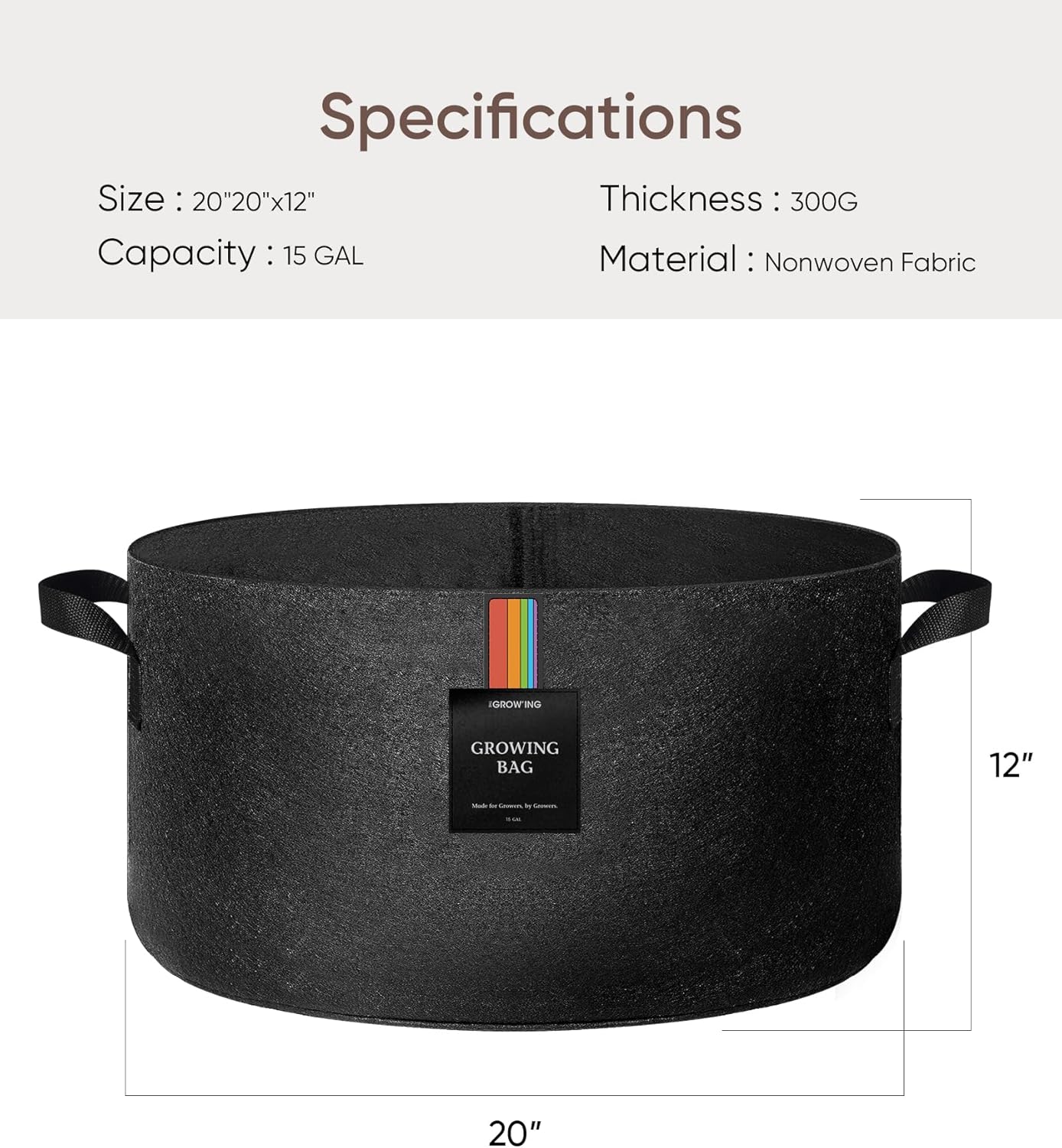 The Growing 5 Pack 15 Gallon Fabric Grow Bags，Thickened Aeration Nonwoven Fabric Plant Pots with Durable Handles,Heavy Duty 300G Planter Pot for Tomato, Fruits, Vegetables and Flowers, Black