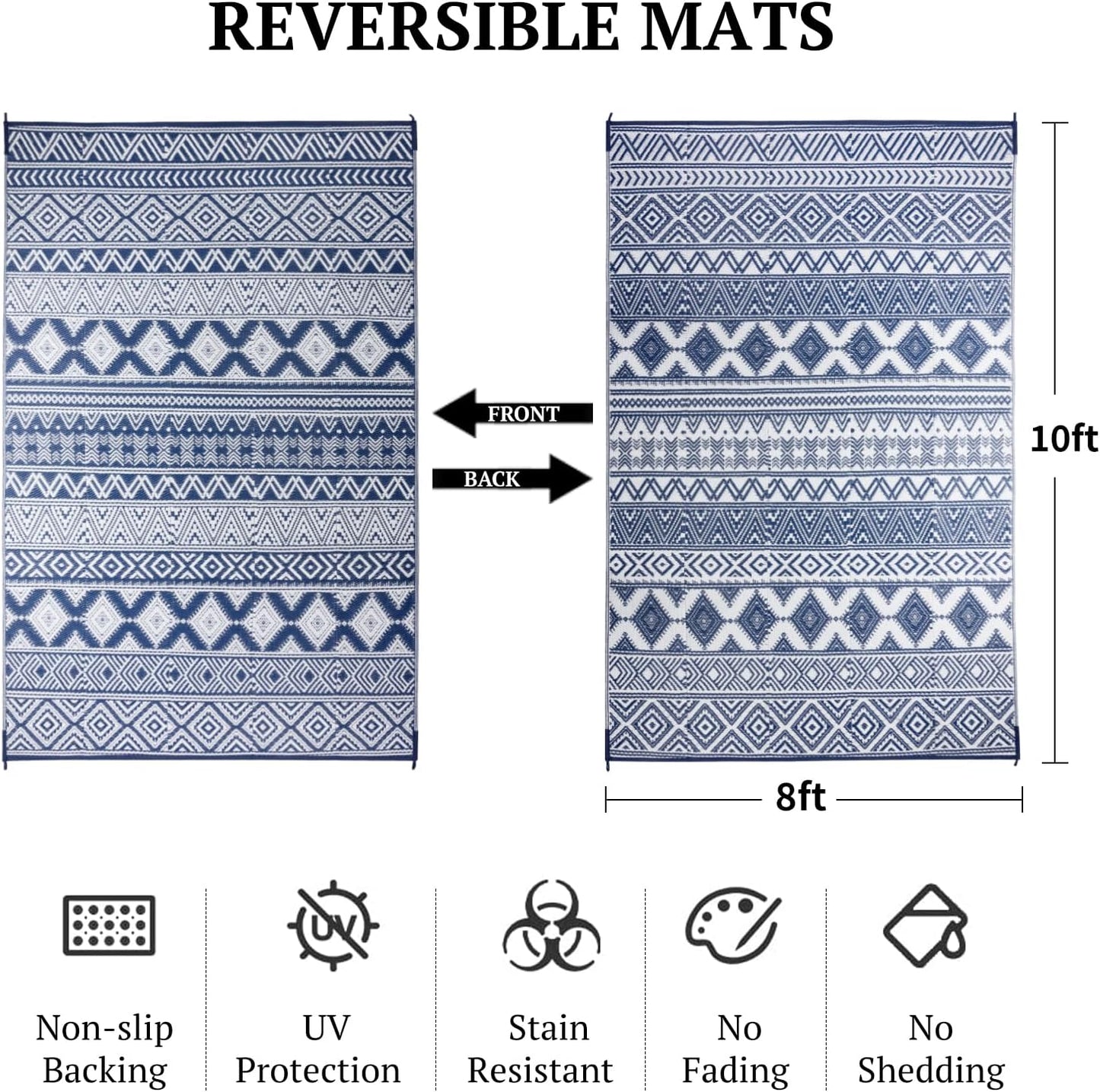 8'x10' Reversible Outdoor Rug - Eco-Friendly Plastic Straw Rug-Heavy-Duty Waterproof Mat, UV & Fade Resistant for Patio, Camping, RV, Deck, Balcony(8x10,Blue&White)