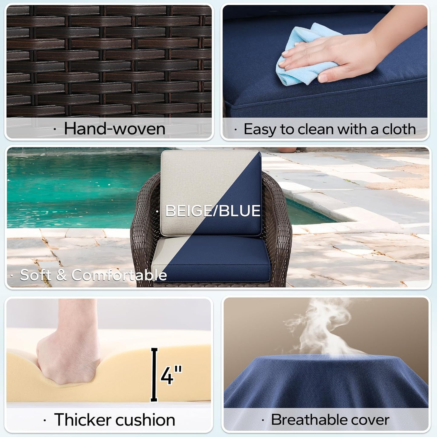 4 Pieces Patio Outdoor Conversation Furniture Set with Cushions, All-Weather Wicker Ottomans, PE Rattan 2 Chairs for Backyard, Deck, Lawn (Navy Blue)