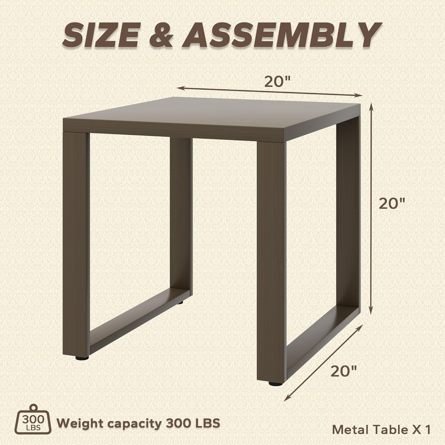 Outdoor Metal Side Table - 20"x 20" Small Square Coffee Table Patio Bistro Set Ideal Match for Patio Furniture, Wood-Looking Brown