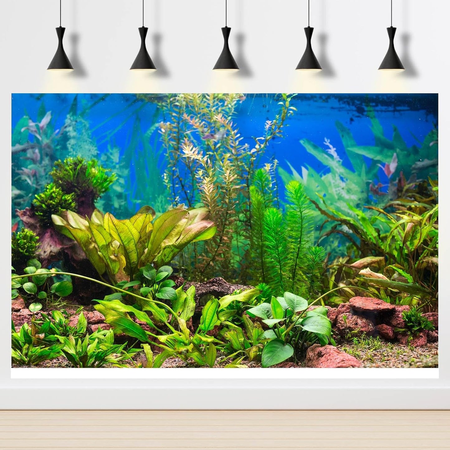 Aquarium Background Various Underwater Grass Plants Aquarium Backdrop Vivid and Fresh Green Aquatic Plants Stone River Bed and Dead Wood Purple Stone Fish Tank Background 48x20in