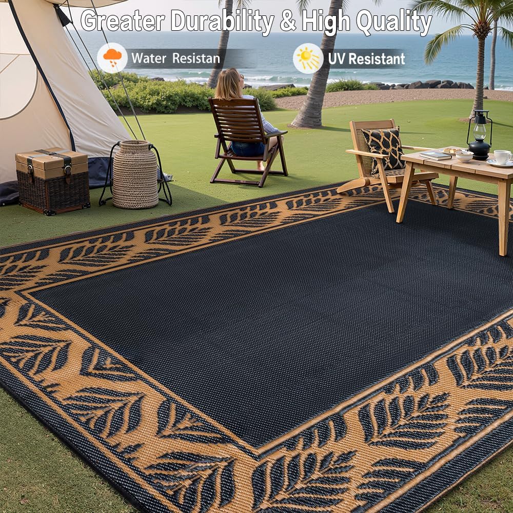 8x10 Patio Waterproof Outdoor Rug Outrside Camping Carpet RV Area Rug Reversible Brown Rugs for Deck Entryance Porch Picnic Balcony Beach