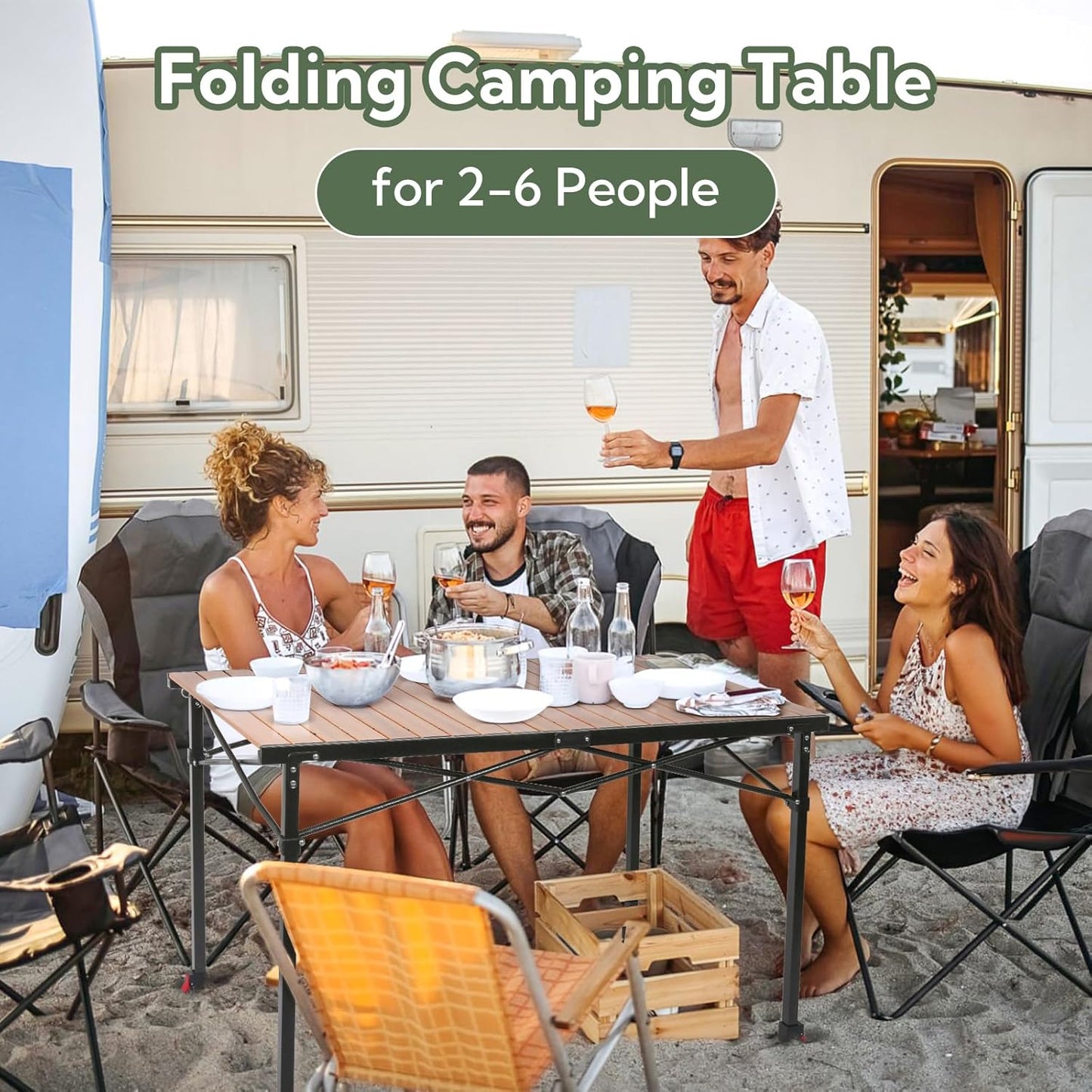 Portable Outdoor Adjustable Height Camping Table, Large for 2-6 Person, Foldable Roll-up Aluminum Camp Table with Carry Bag for Picnic, Camp, Sturdy, Stable, Loads 220 Lbs