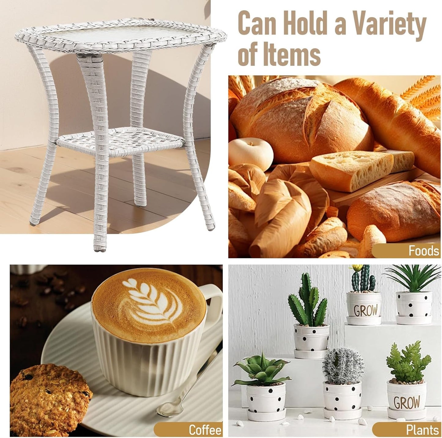 Outdoor Side Tables for Patio, Wicker/Rattan End Tables, Outdoor Wicker Side Table, Light Beige Rattan Glass Top Patio Side Table