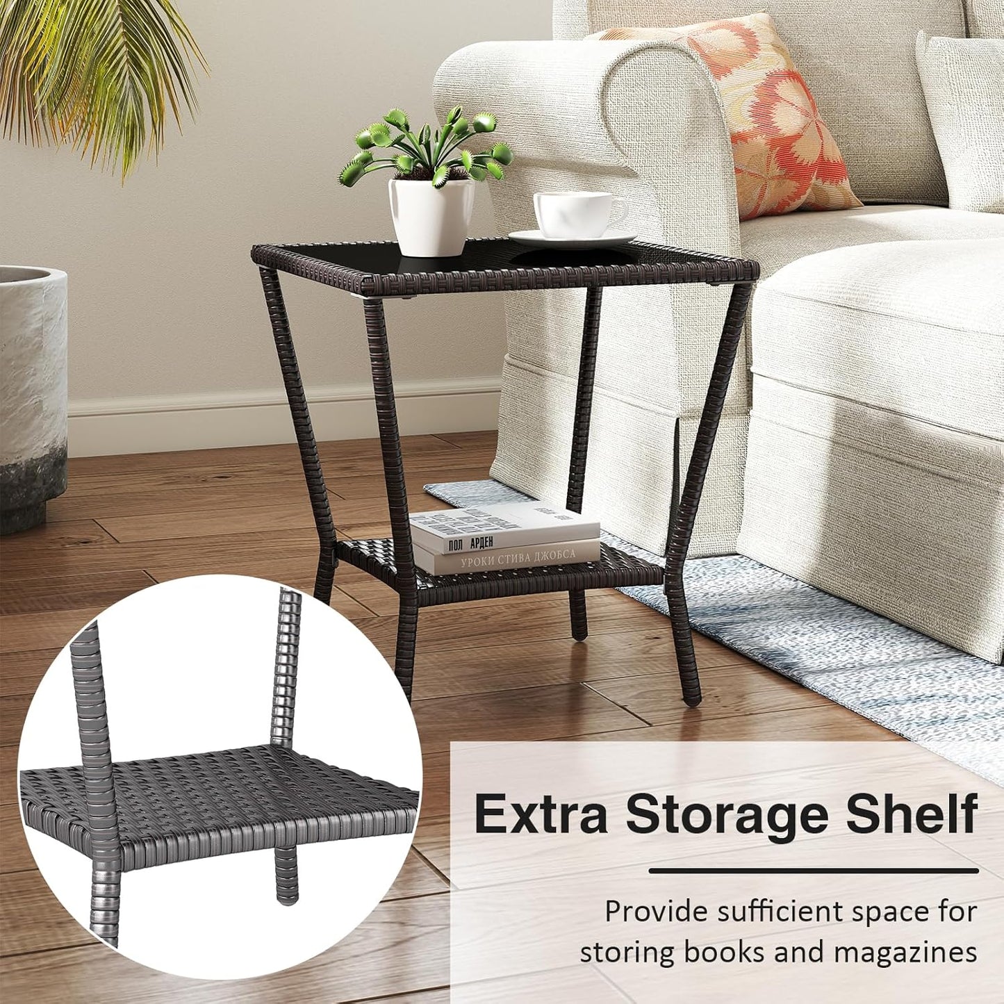 Outdoor Small Patio Table - PE Rattan Coffee Table, Wicker Side Table for Patio, Balcony & Porch, Durable & Iron Frame (2, Black Brown)