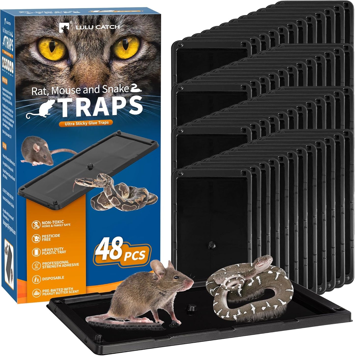 LULUCATCH Sticky Mouse Trap, 48 Pack Large Glue Traps, Pre-Baited Heavy Duty Non-Toxic Bulk Glue Boards Mouse Traps Indoor for Mice, Snakes, Rat, Insects, Cockroaches & Spiders, Pet Safe Easy to Use