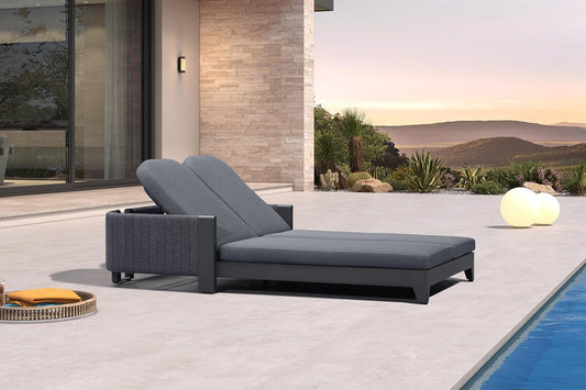 PURPLE LEAF Outdoor 2-Person Chaise Lounge with Cushions Patio Sun Chair Adjustable Backrest Reclining Chair for Poolside Moon Basalt